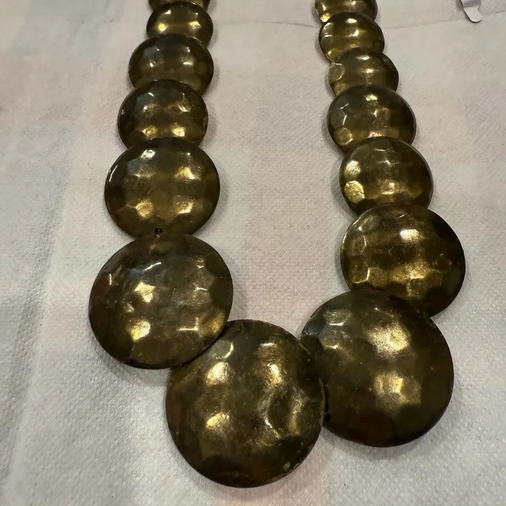 Vintage Hammered Brass Statement Disc Necklace – Tribal Boho Bold Collar